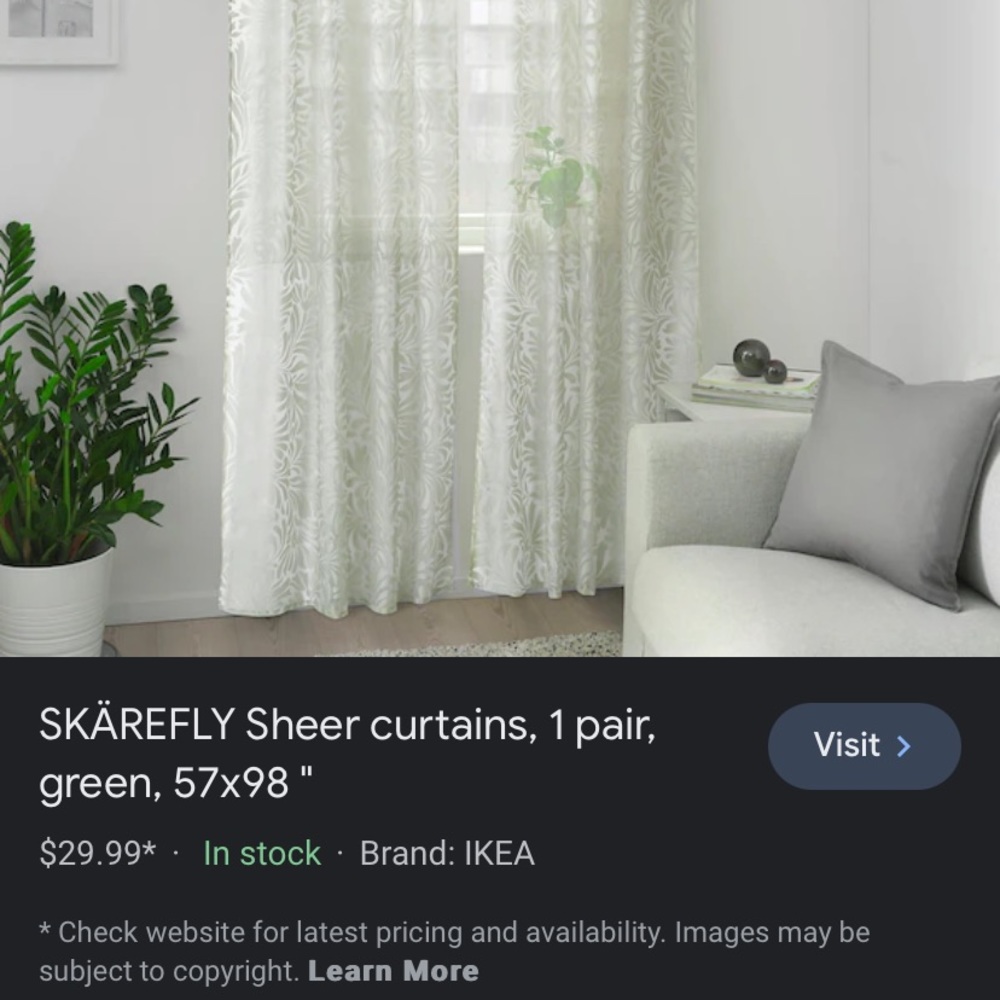 1 pair of Sage Green Skarfly IKEA sheers curtains